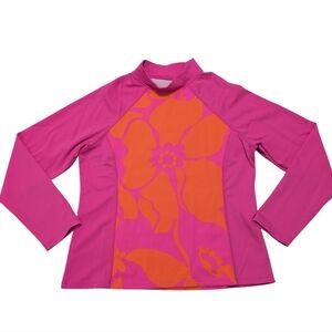 Lands End Girls Rash Guard Long Sleeve Pink Orange Hawaiian Flower Medium